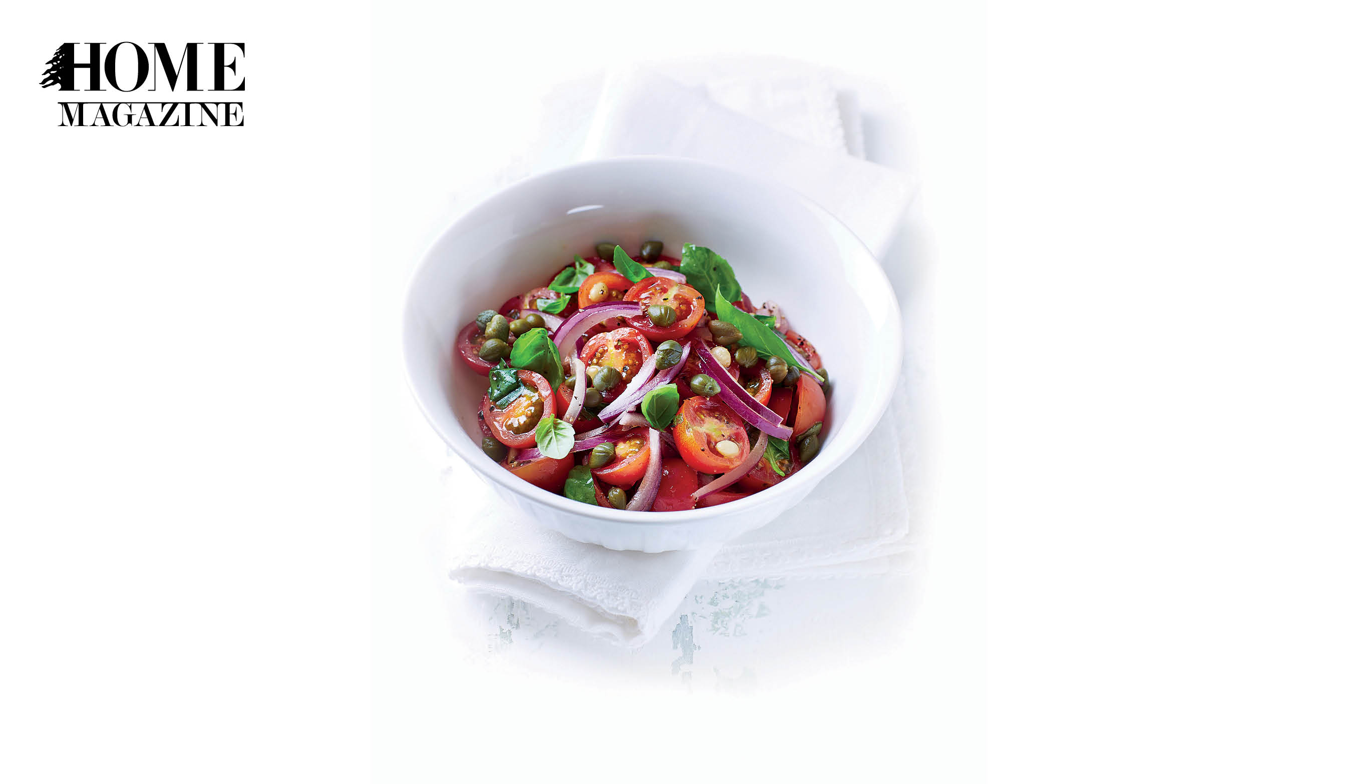Tomato, Onion and Basil in a white bowl