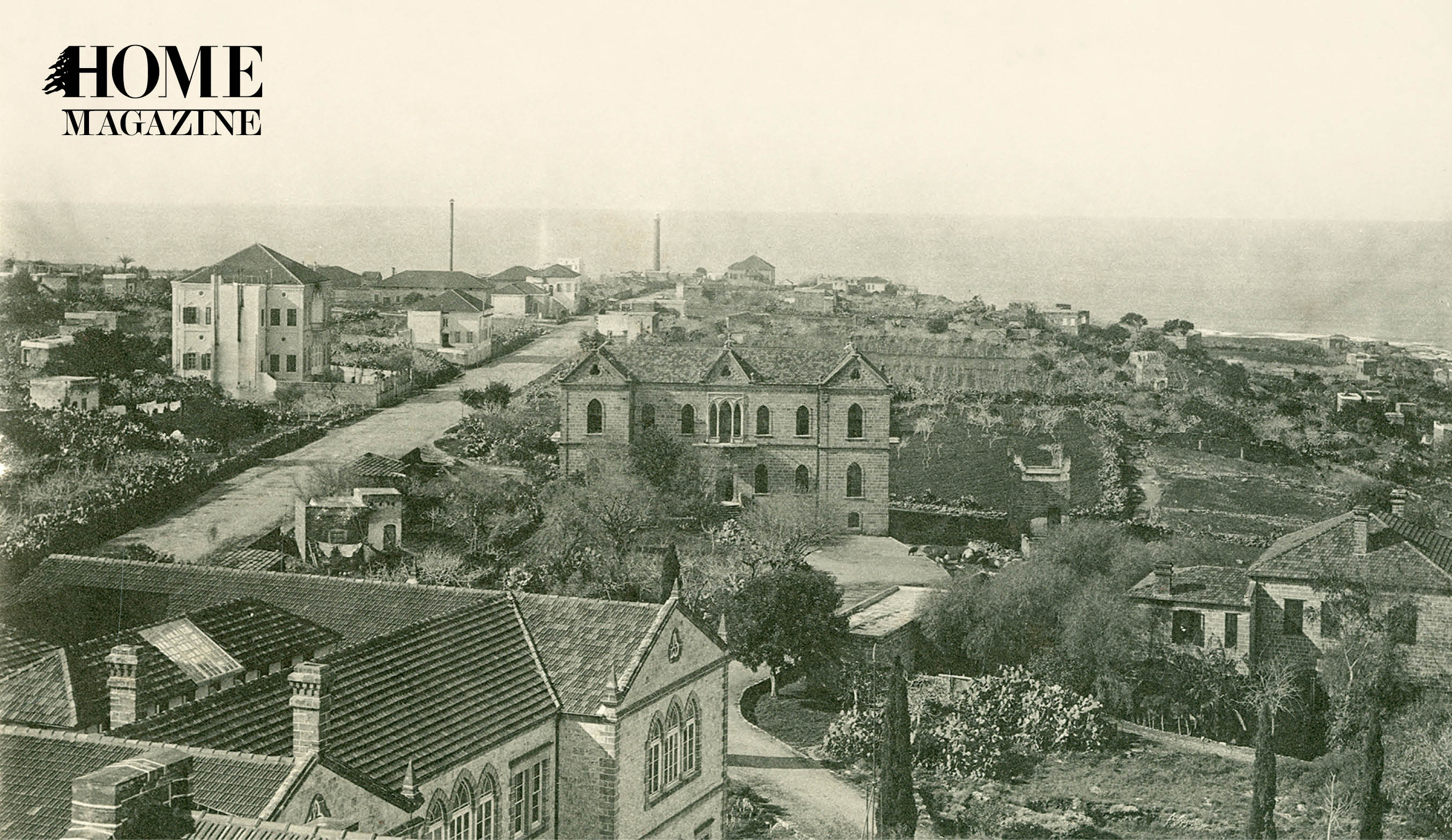 Black and white picture of landscape with buildings