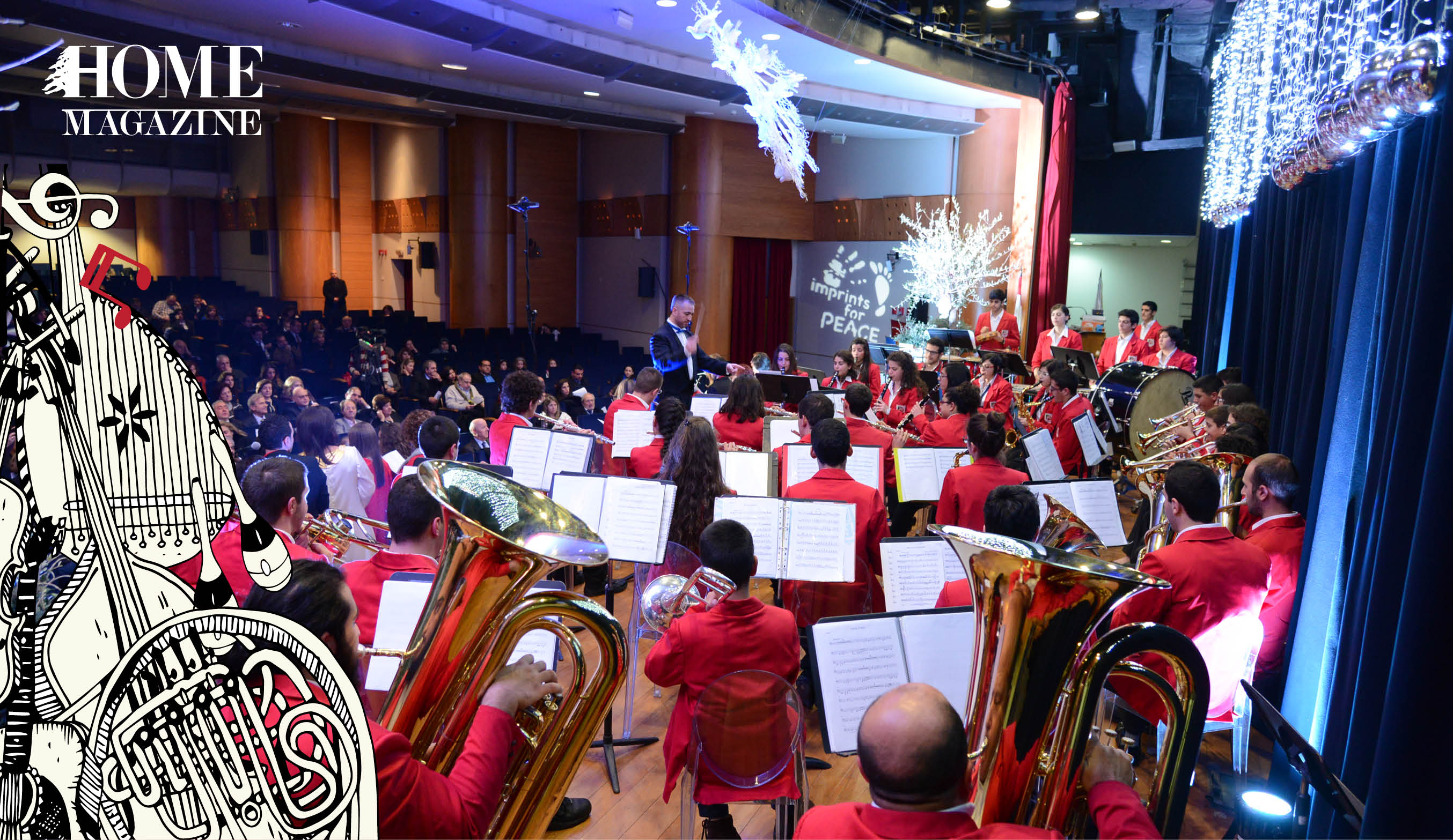 Orchestra wearing red clothes with music instruments on stage