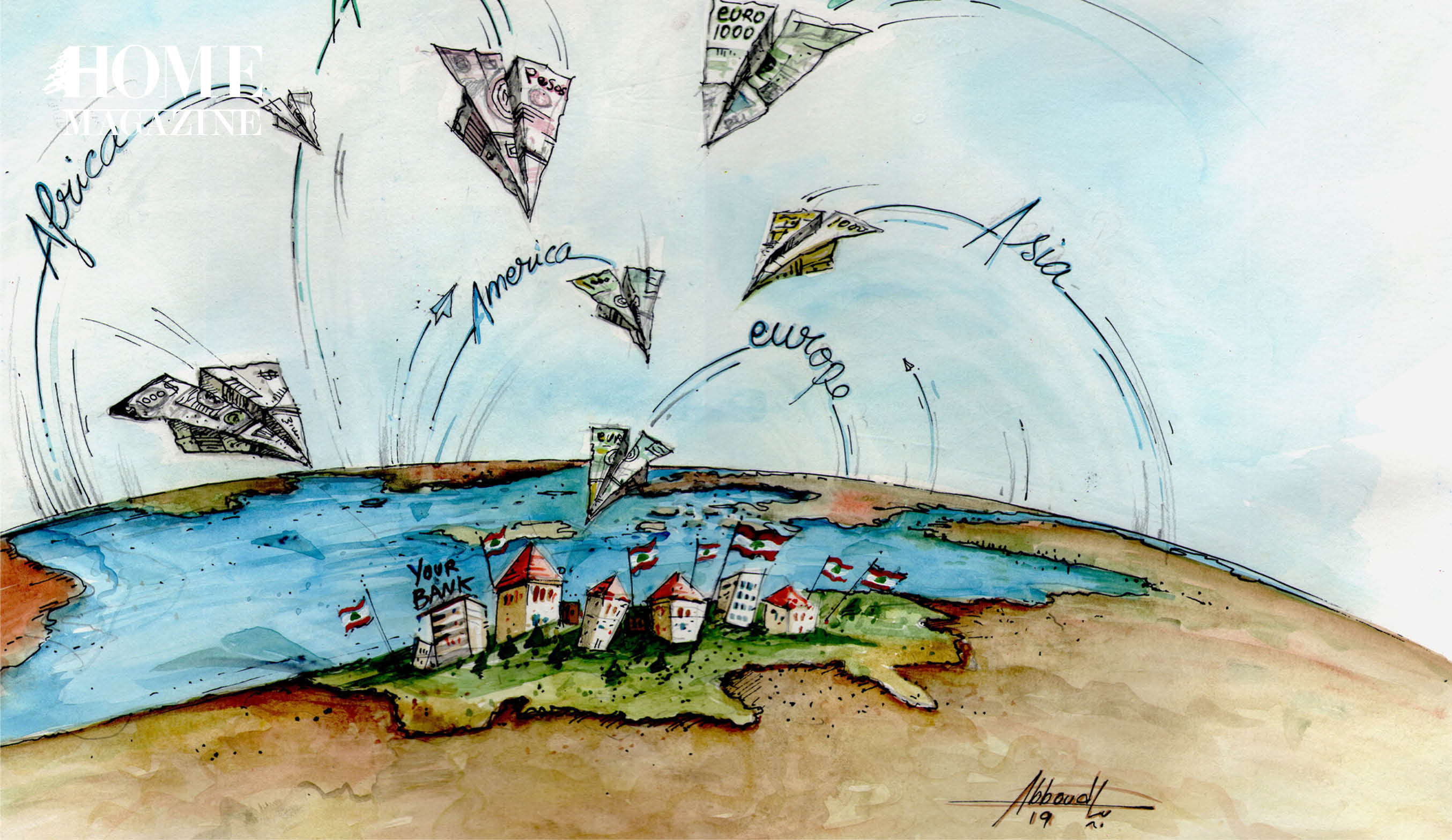 Drawing of earth with flying papers