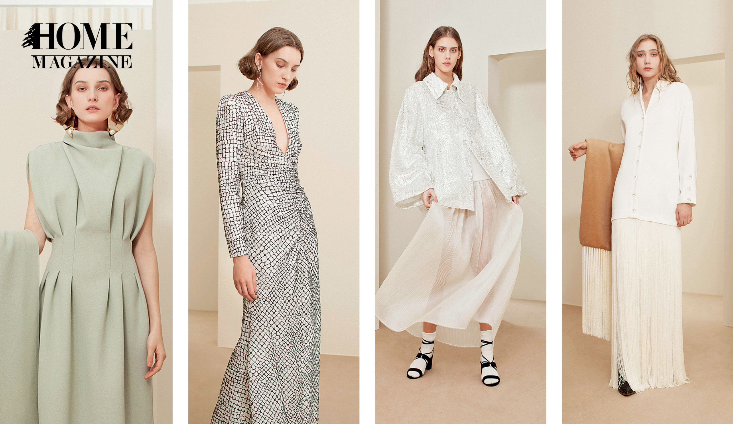 Four pictures of models in white and nude clothing