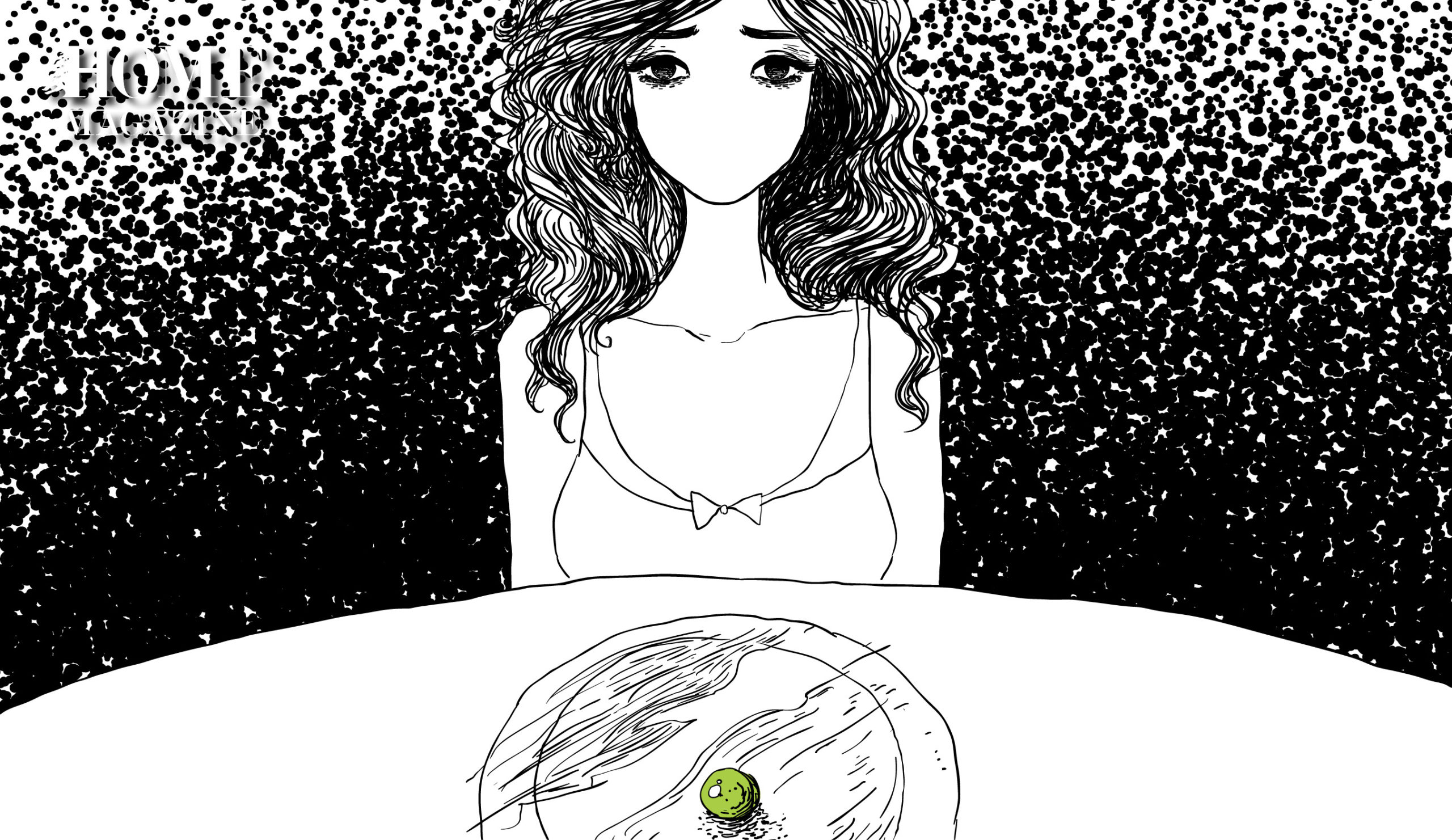 Illustration of a woman sitting on a table with a plate that contains a green circled object