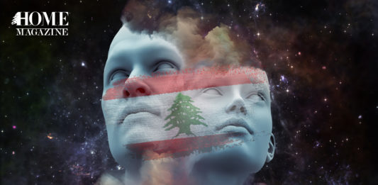 2 faces of a man and woman looking upwards with the lebanese flag
