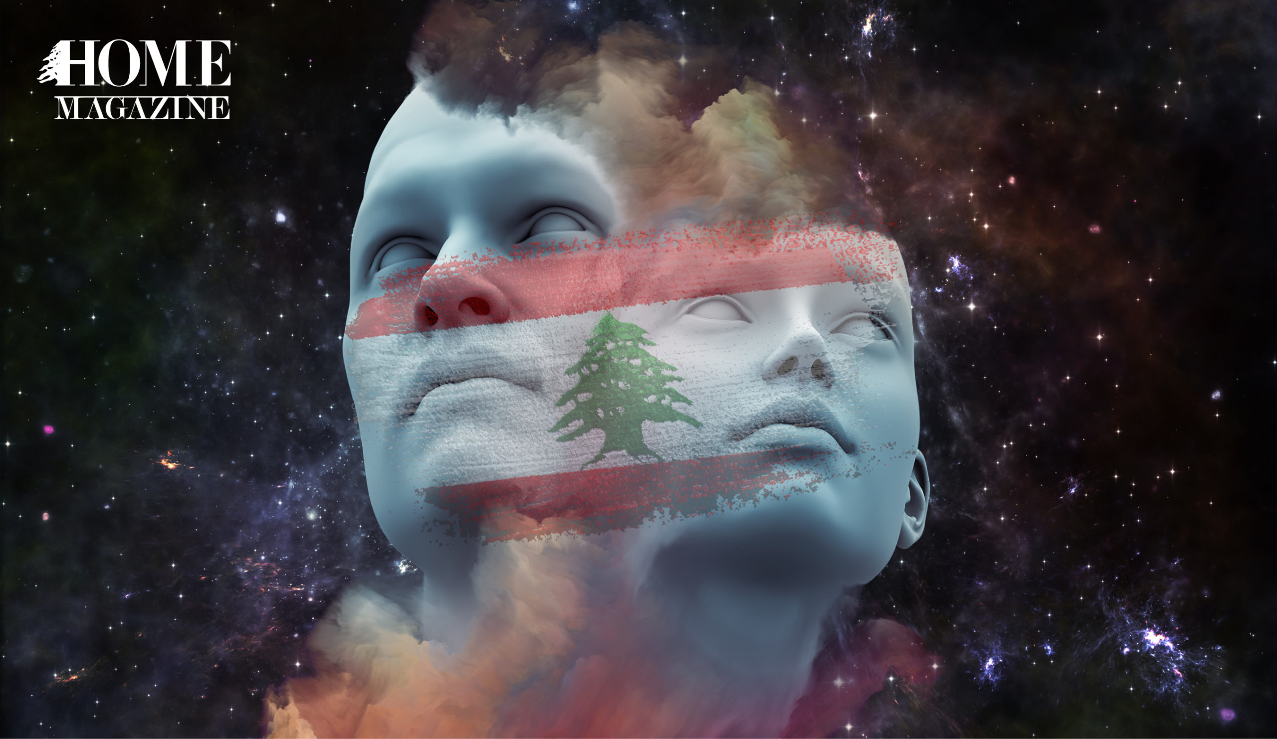 2 faces of a man and woman looking upwards with the lebanese flag